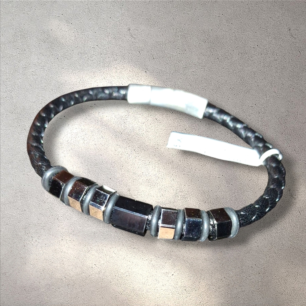Stainless & Leather Black Silver Steel Bracelet 8.5” Kohls Unisex Braid